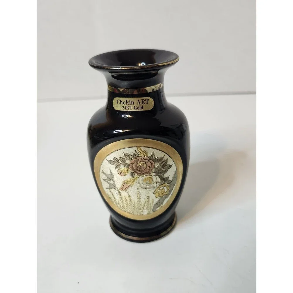 Chokin Art Vase Japan Black Gold 24K Trim Vintage Asian Decor 4.5